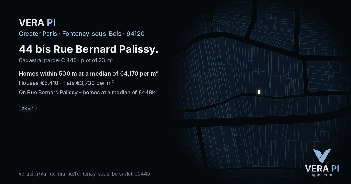 44 bis Rue Bernard Palissy, Fontenay-sous-Bois at night – the plot lit, the parcels around coloured by the prices near them