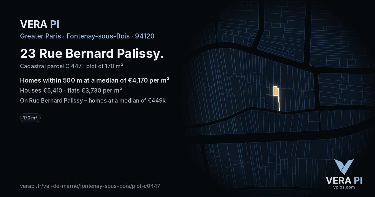 23 Rue Bernard Palissy, Fontenay-sous-Bois at night – the plot lit, the parcels around coloured by the prices near them