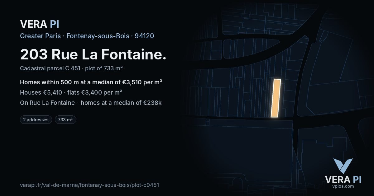 203 Rue La Fontaine, Fontenay-sous-Bois at night – the plot lit, the parcels around coloured by the prices near them