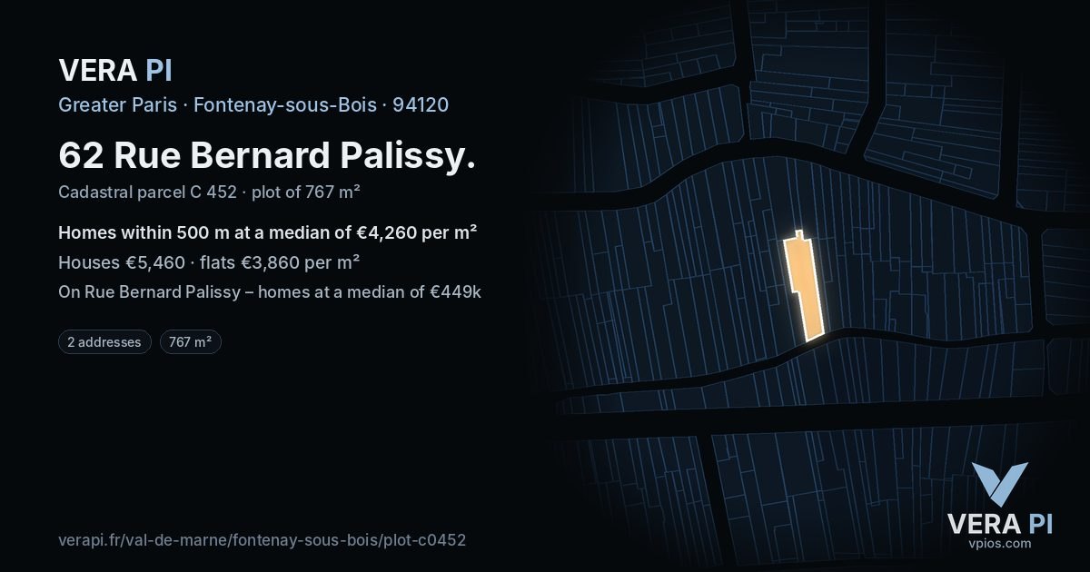 62 Rue Bernard Palissy, Fontenay-sous-Bois at night – the plot lit, the parcels around coloured by the prices near them