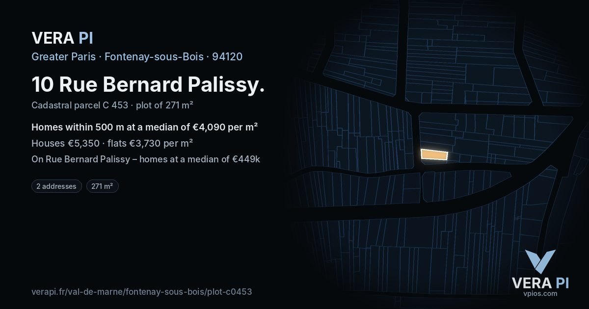 10 Rue Bernard Palissy, Fontenay-sous-Bois at night – the plot lit, the parcels around coloured by the prices near them