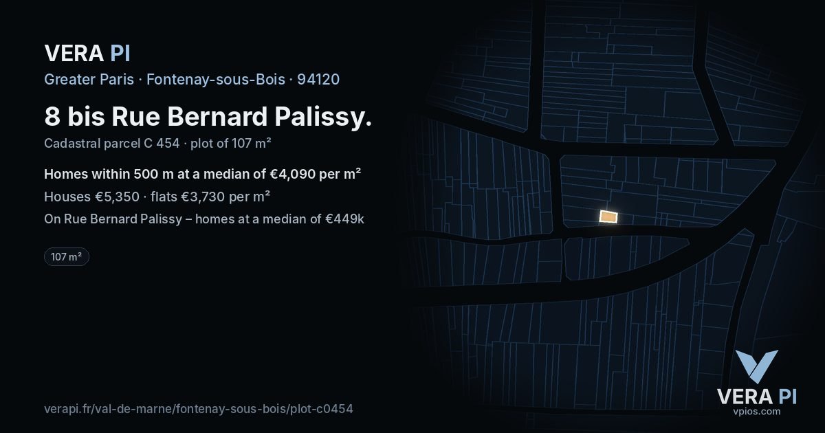 8 bis Rue Bernard Palissy, Fontenay-sous-Bois at night – the plot lit, the parcels around coloured by the prices near them