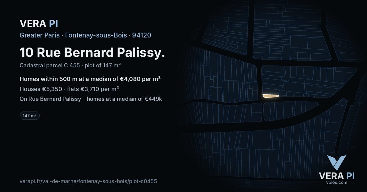 10 Rue Bernard Palissy, Fontenay-sous-Bois at night – the plot lit, the parcels around coloured by the prices near them