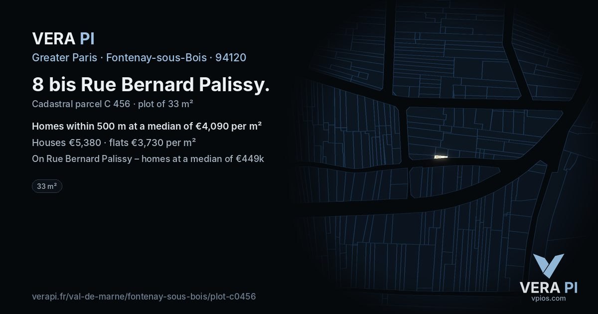 8 bis Rue Bernard Palissy, Fontenay-sous-Bois at night – the plot lit, the parcels around coloured by the prices near them