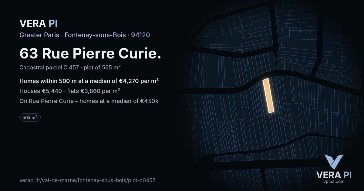 63 Rue Pierre Curie, Fontenay-sous-Bois at night – the plot lit, the parcels around coloured by the prices near them