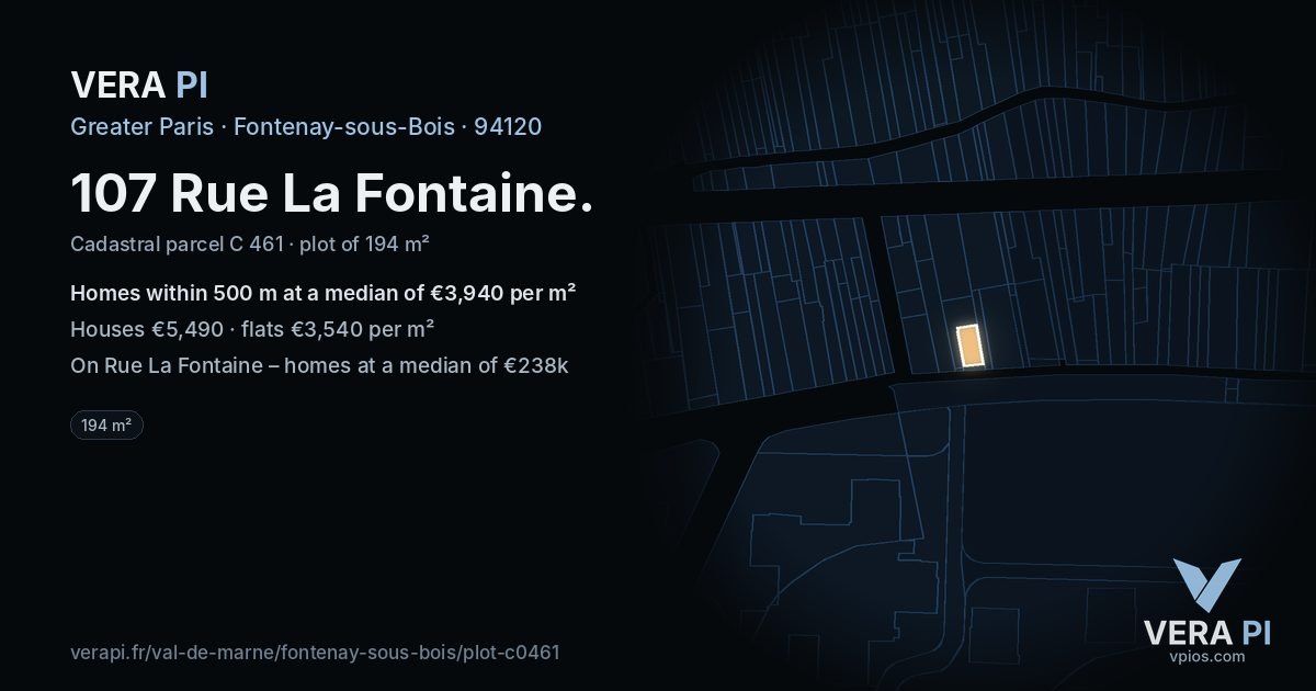 107 Rue La Fontaine, Fontenay-sous-Bois at night – the plot lit, the parcels around coloured by the prices near them