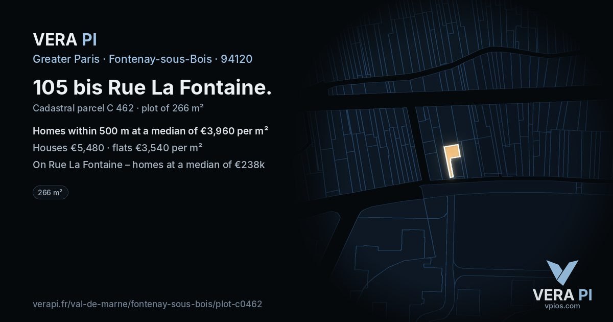 105 bis Rue La Fontaine, Fontenay-sous-Bois at night – the plot lit, the parcels around coloured by the prices near them
