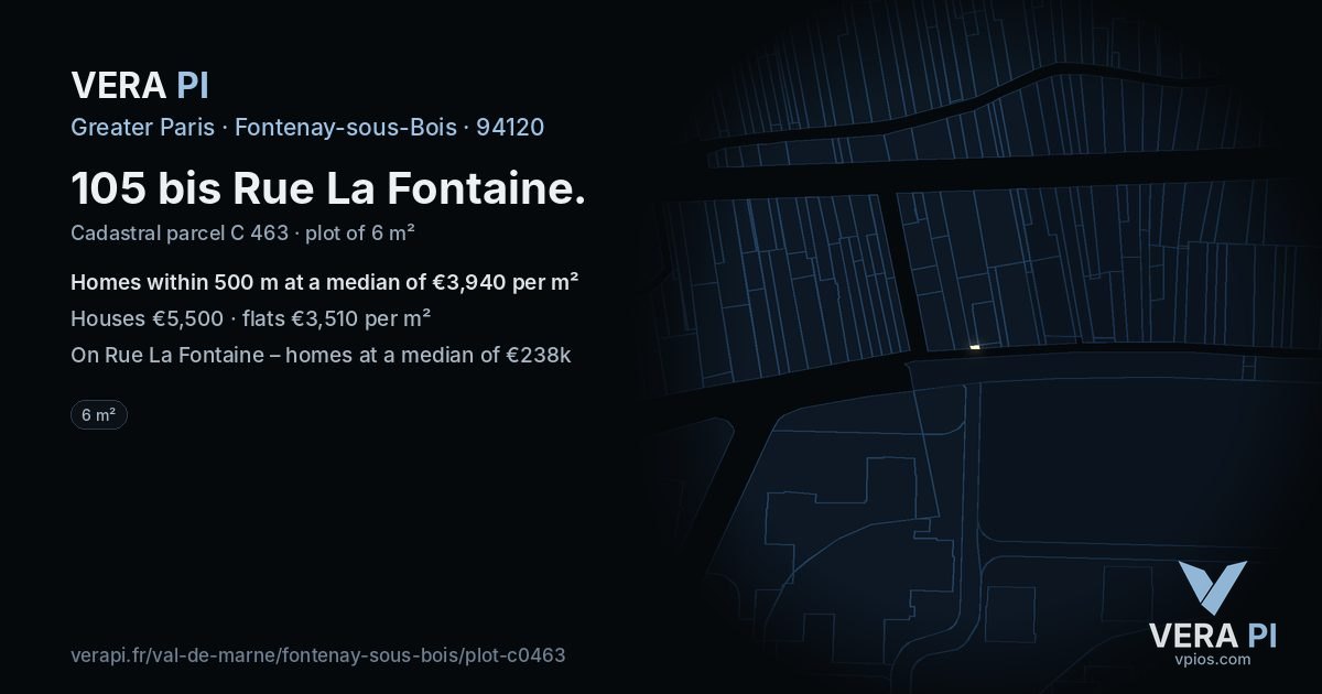 105 bis Rue La Fontaine, Fontenay-sous-Bois at night – the plot lit, the parcels around coloured by the prices near them