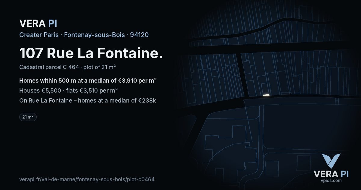 107 Rue La Fontaine, Fontenay-sous-Bois at night – the plot lit, the parcels around coloured by the prices near them