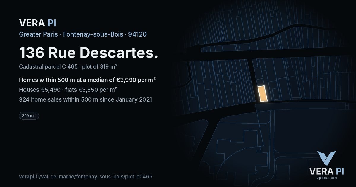 136 Rue Descartes, Fontenay-sous-Bois at night – the plot lit, the parcels around coloured by the prices near them