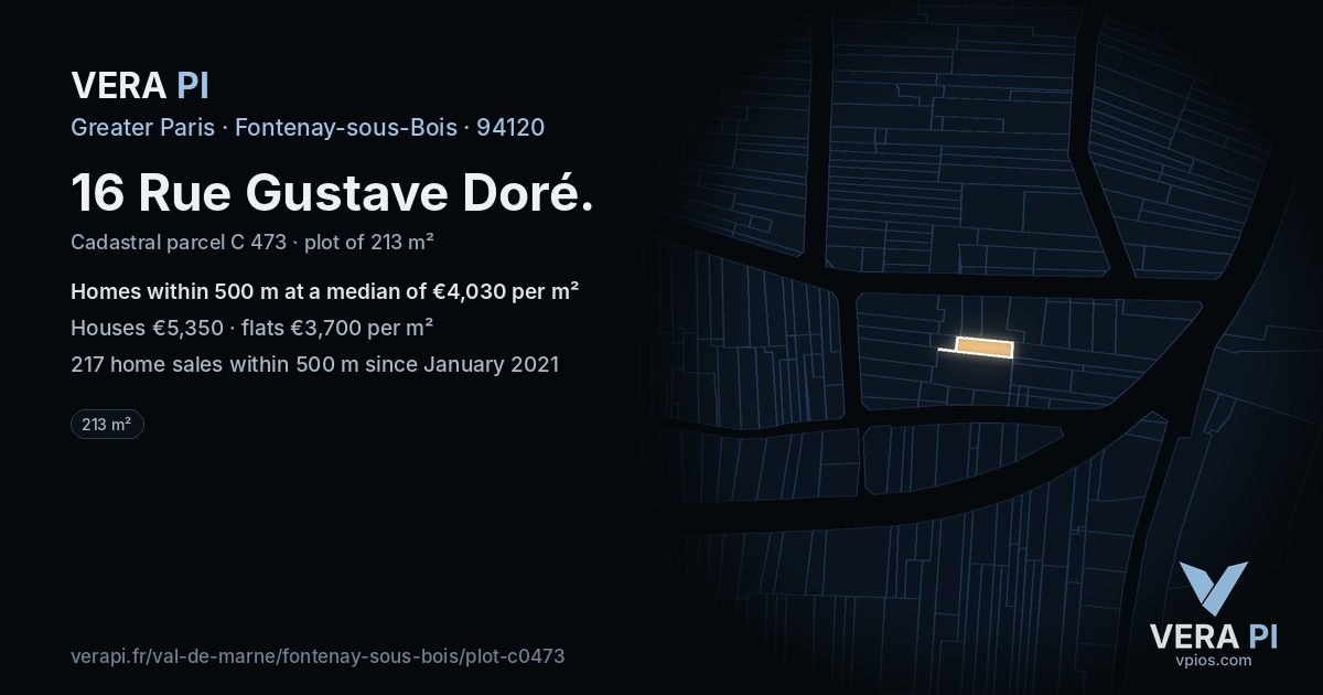 16 Rue Gustave Doré, Fontenay-sous-Bois at night – the plot lit, the parcels around coloured by the prices near them