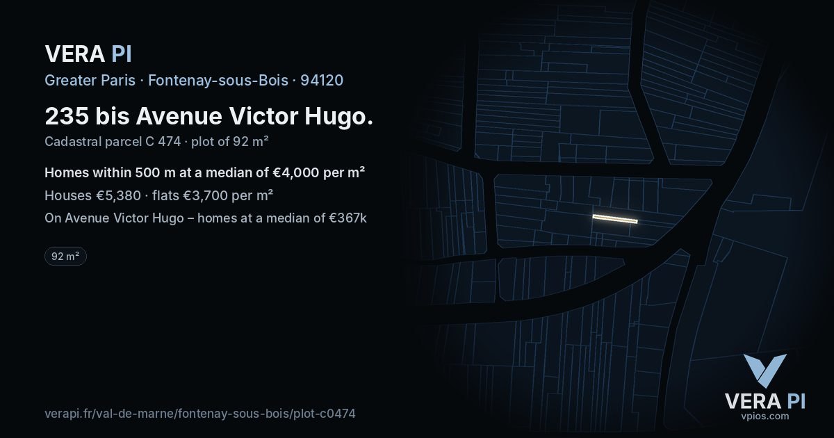 235 bis Avenue Victor Hugo, Fontenay-sous-Bois at night – the plot lit, the parcels around coloured by the prices near them