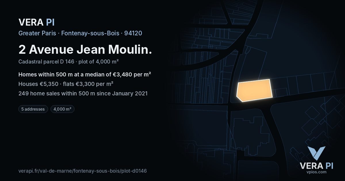 2 Avenue Jean Moulin, Fontenay-sous-Bois at night – the plot lit, the parcels around coloured by the prices near them