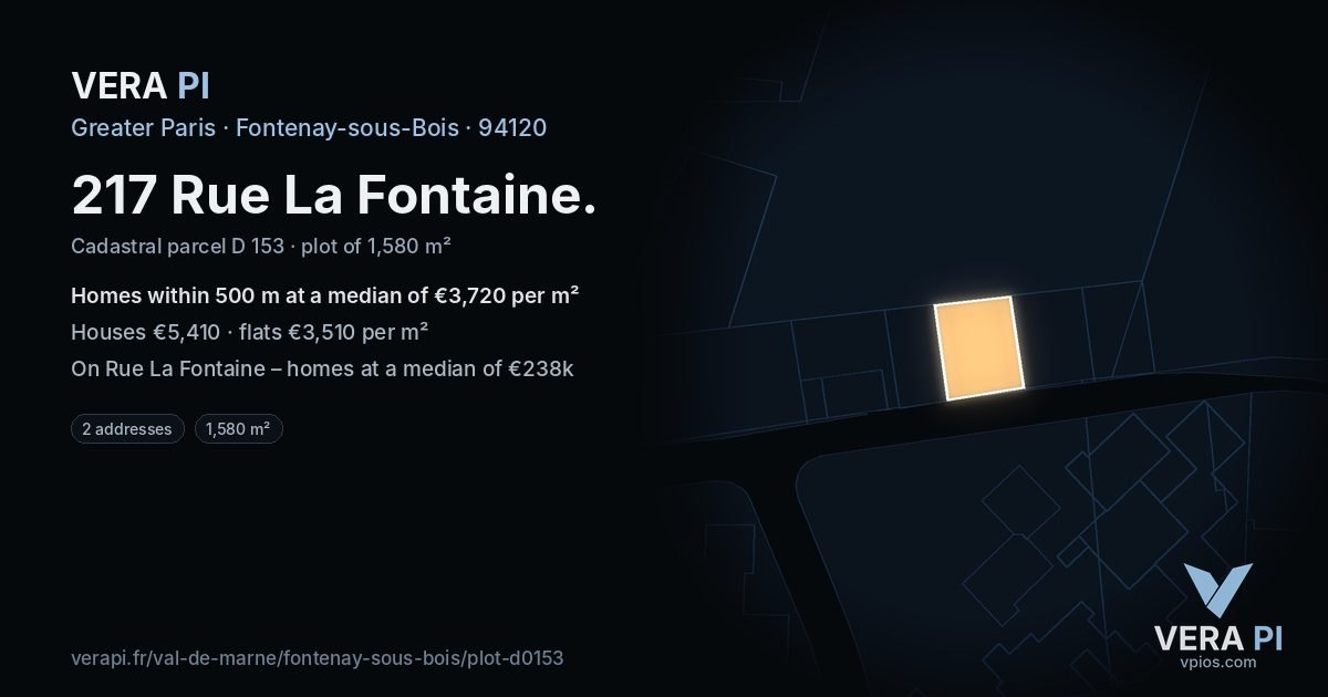 217 Rue La Fontaine, Fontenay-sous-Bois at night – the plot lit, the parcels around coloured by the prices near them