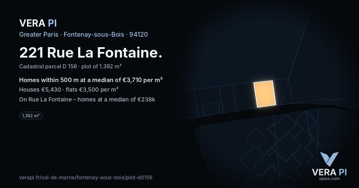 221 Rue La Fontaine, Fontenay-sous-Bois at night – the plot lit, the parcels around coloured by the prices near them
