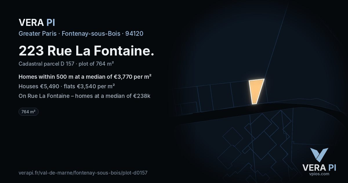 223 Rue La Fontaine, Fontenay-sous-Bois at night – the plot lit, the parcels around coloured by the prices near them