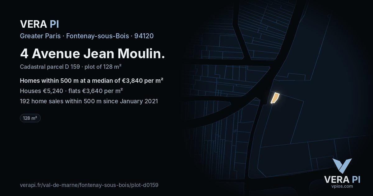 4 Avenue Jean Moulin, Fontenay-sous-Bois at night – the plot lit, the parcels around coloured by the prices near them