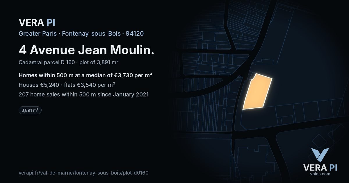 4 Avenue Jean Moulin, Fontenay-sous-Bois at night – the plot lit, the parcels around coloured by the prices near them