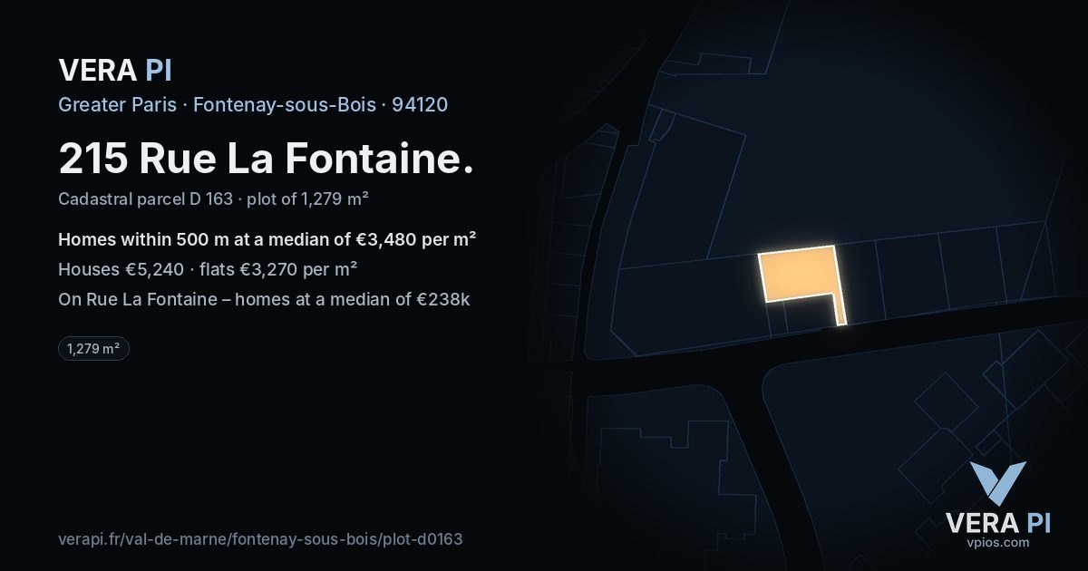215 Rue La Fontaine, Fontenay-sous-Bois at night – the plot lit, the parcels around coloured by the prices near them
