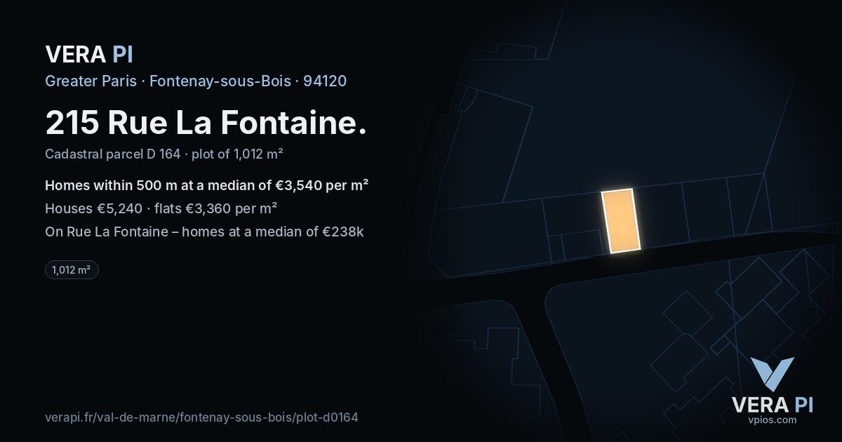 215 Rue La Fontaine, Fontenay-sous-Bois at night – the plot lit, the parcels around coloured by the prices near them