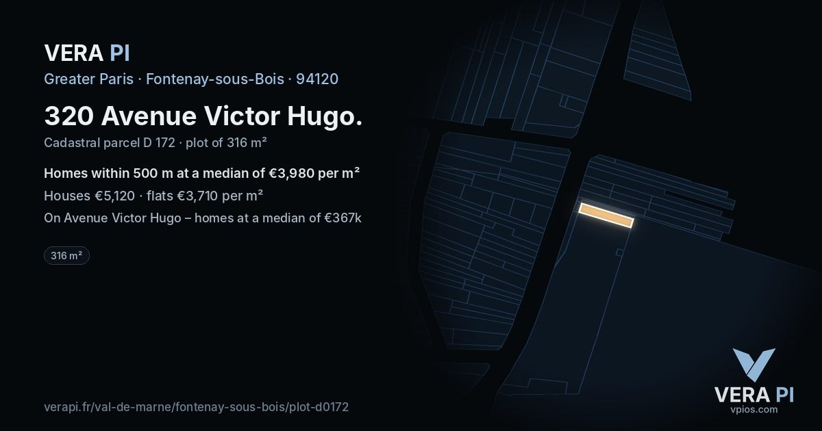 320 Avenue Victor Hugo, Fontenay-sous-Bois at night – the plot lit, the parcels around coloured by the prices near them