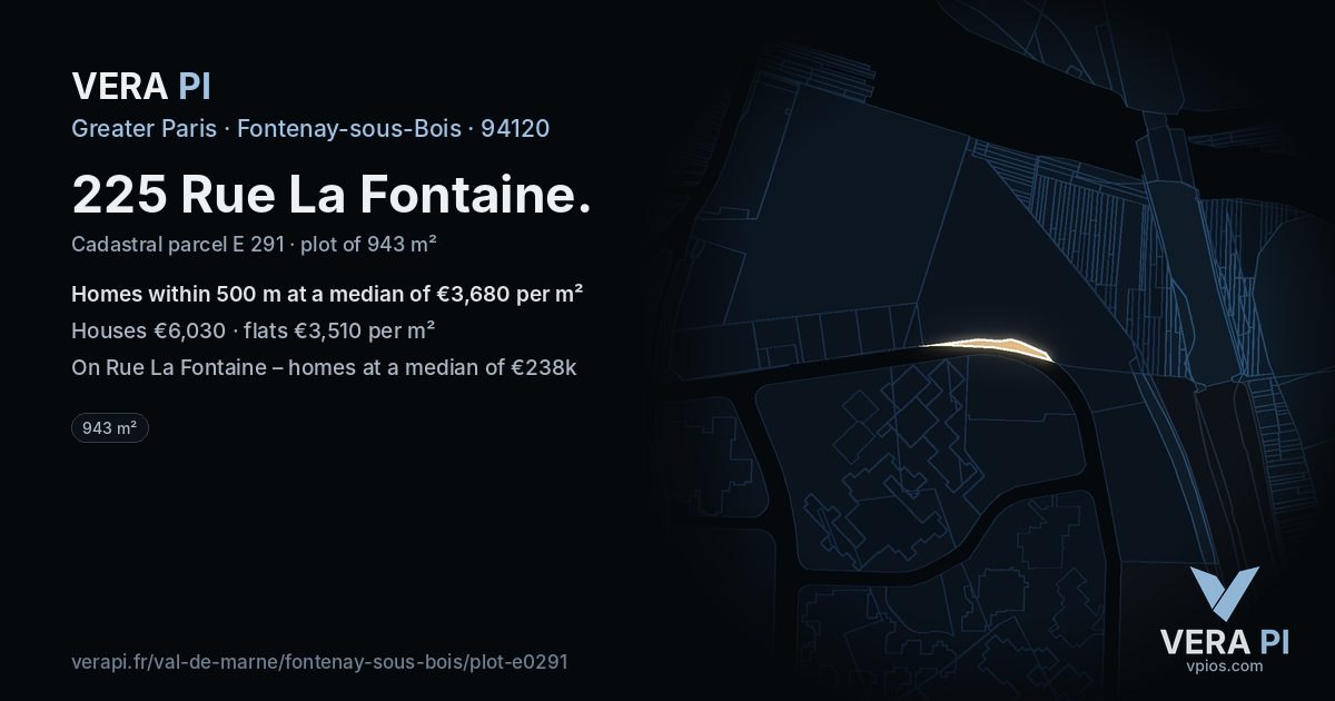 225 Rue La Fontaine, Fontenay-sous-Bois at night – the plot lit, the parcels around coloured by the prices near them