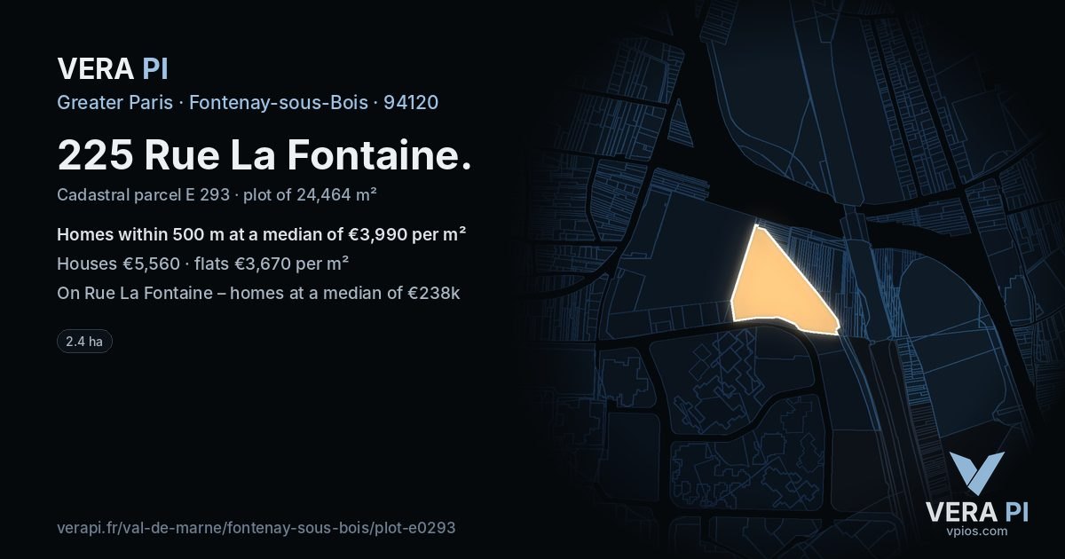 225 Rue La Fontaine, Fontenay-sous-Bois at night – the plot lit, the parcels around coloured by the prices near them
