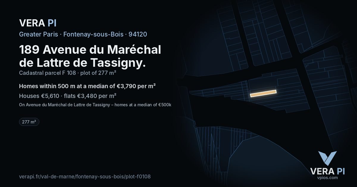 189 Avenue du Maréchal de Lattre de Tassigny, Fontenay-sous-Bois at night – the plot lit, the parcels around coloured by the prices near them