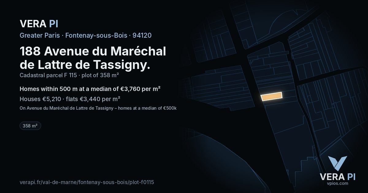 188 Avenue du Maréchal de Lattre de Tassigny, Fontenay-sous-Bois at night – the plot lit, the parcels around coloured by the prices near them