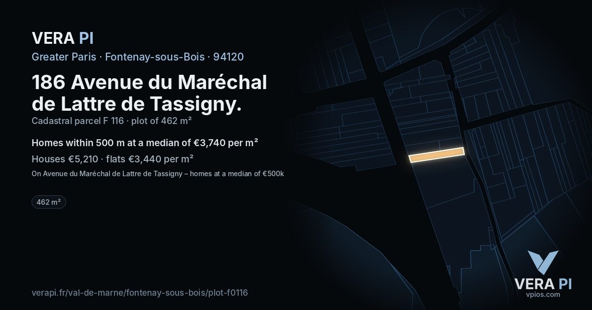 186 Avenue du Maréchal de Lattre de Tassigny, Fontenay-sous-Bois at night – the plot lit, the parcels around coloured by the prices near them