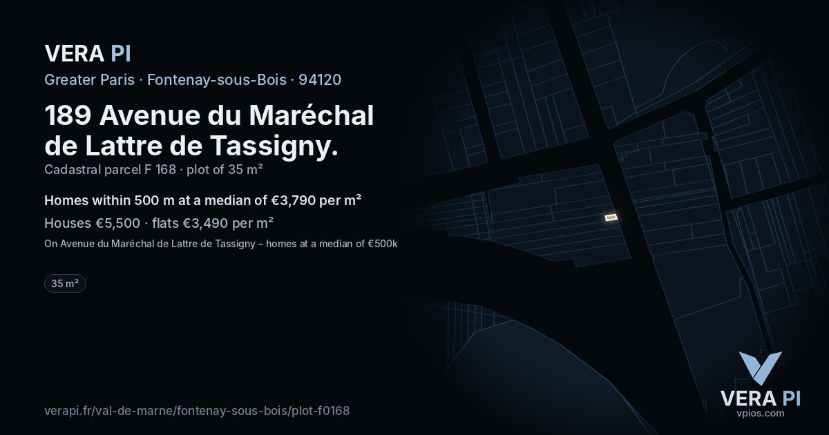 189 Avenue du Maréchal de Lattre de Tassigny, Fontenay-sous-Bois at night – the plot lit, the parcels around coloured by the prices near them