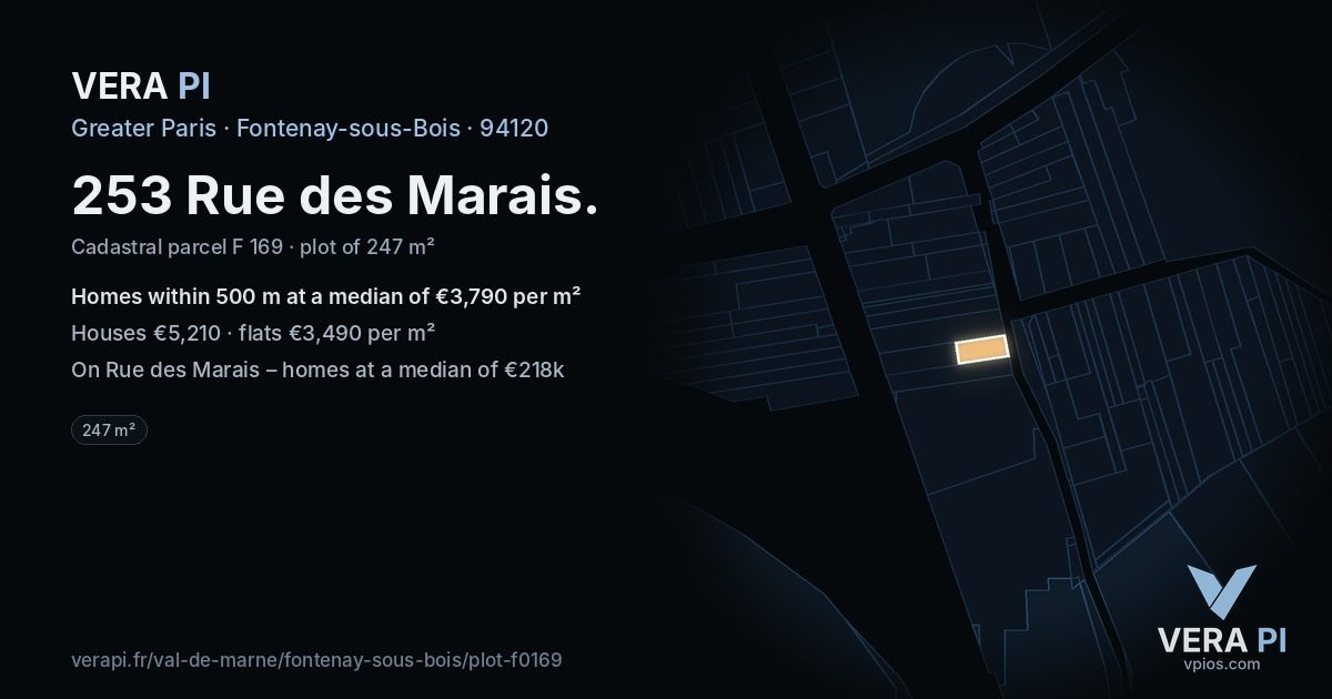 253 Rue des Marais, Fontenay-sous-Bois at night – the plot lit, the parcels around coloured by the prices near them