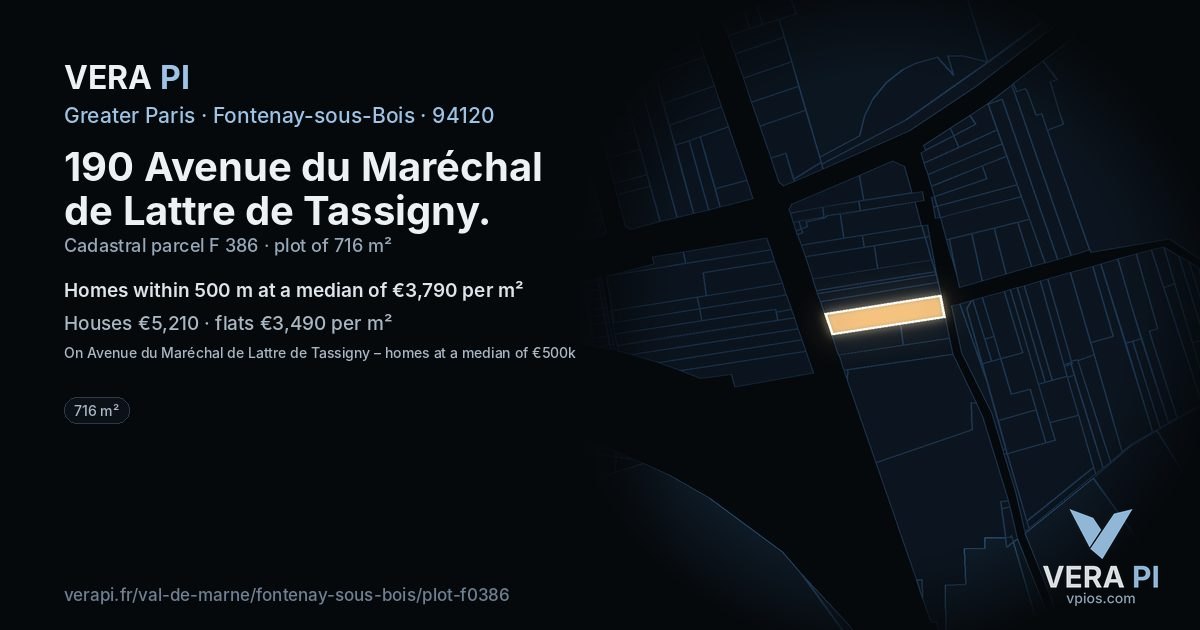 190 Avenue du Maréchal de Lattre de Tassigny, Fontenay-sous-Bois at night – the plot lit, the parcels around coloured by the prices near them