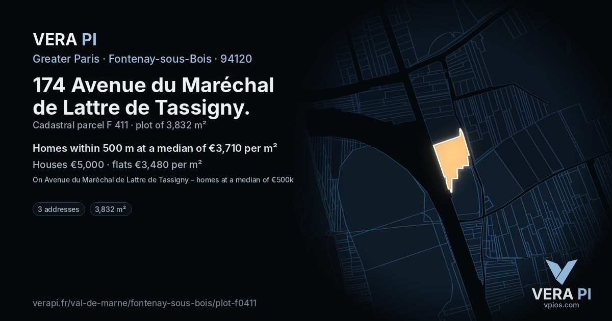 174 Avenue du Maréchal de Lattre de Tassigny, Fontenay-sous-Bois at night – the plot lit, the parcels around coloured by the prices near them