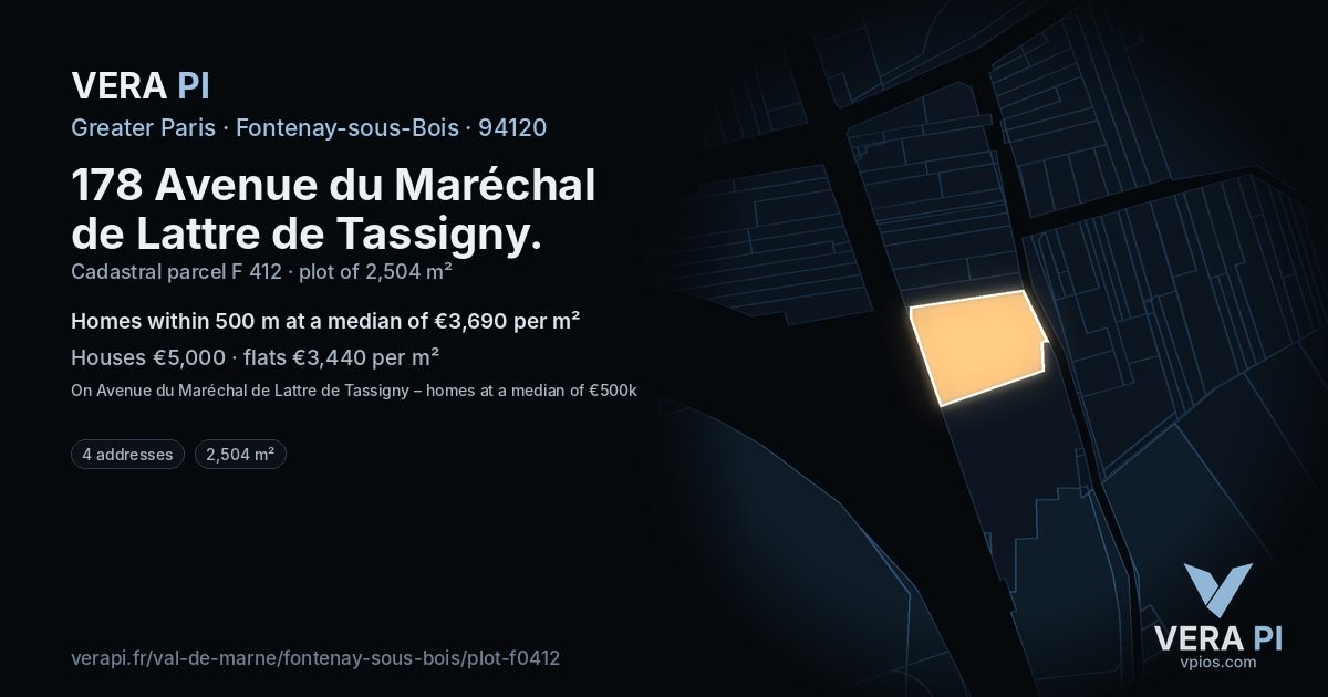 178 Avenue du Maréchal de Lattre de Tassigny, Fontenay-sous-Bois at night – the plot lit, the parcels around coloured by the prices near them