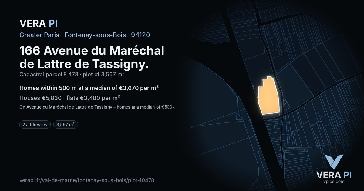 166 Avenue du Maréchal de Lattre de Tassigny, Fontenay-sous-Bois at night – the plot lit, the parcels around coloured by the prices near them