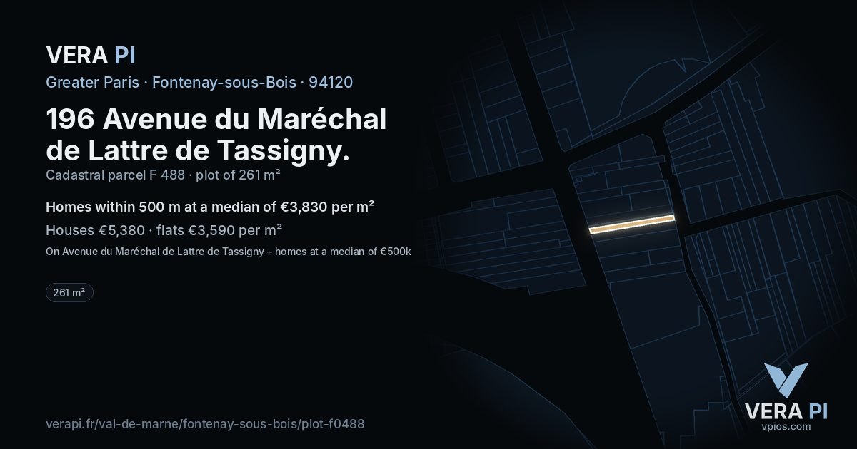 196 Avenue du Maréchal de Lattre de Tassigny, Fontenay-sous-Bois at night – the plot lit, the parcels around coloured by the prices near them
