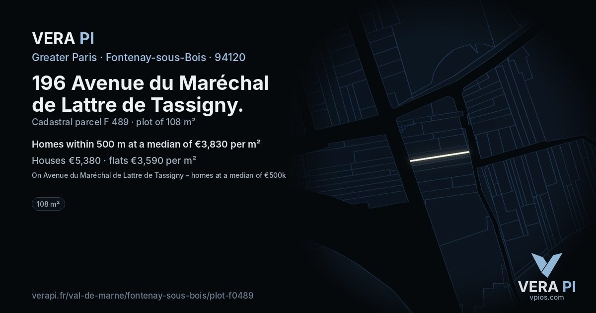 196 Avenue du Maréchal de Lattre de Tassigny, Fontenay-sous-Bois at night – the plot lit, the parcels around coloured by the prices near them