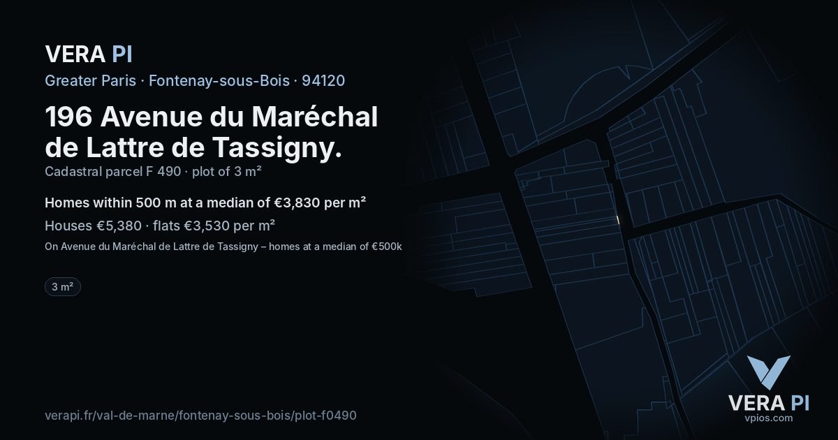 196 Avenue du Maréchal de Lattre de Tassigny, Fontenay-sous-Bois at night – the plot lit, the parcels around coloured by the prices near them