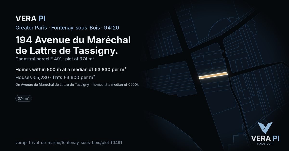 194 Avenue du Maréchal de Lattre de Tassigny, Fontenay-sous-Bois at night – the plot lit, the parcels around coloured by the prices near them