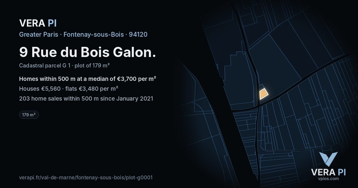 9 Rue du Bois Galon, Fontenay-sous-Bois at night – the plot lit, the parcels around coloured by the prices near them