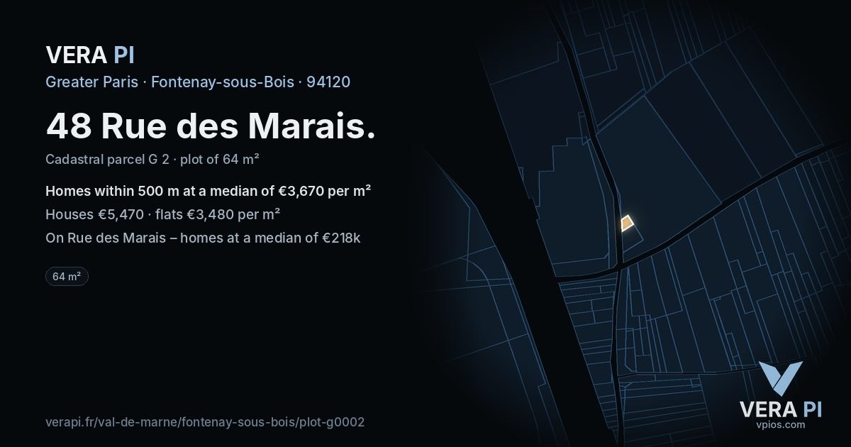 48 Rue des Marais, Fontenay-sous-Bois at night – the plot lit, the parcels around coloured by the prices near them