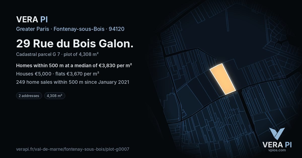 29 Rue du Bois Galon, Fontenay-sous-Bois at night – the plot lit, the parcels around coloured by the prices near them