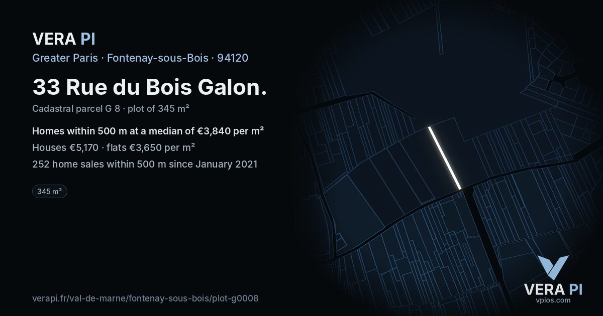 33 Rue du Bois Galon, Fontenay-sous-Bois at night – the plot lit, the parcels around coloured by the prices near them