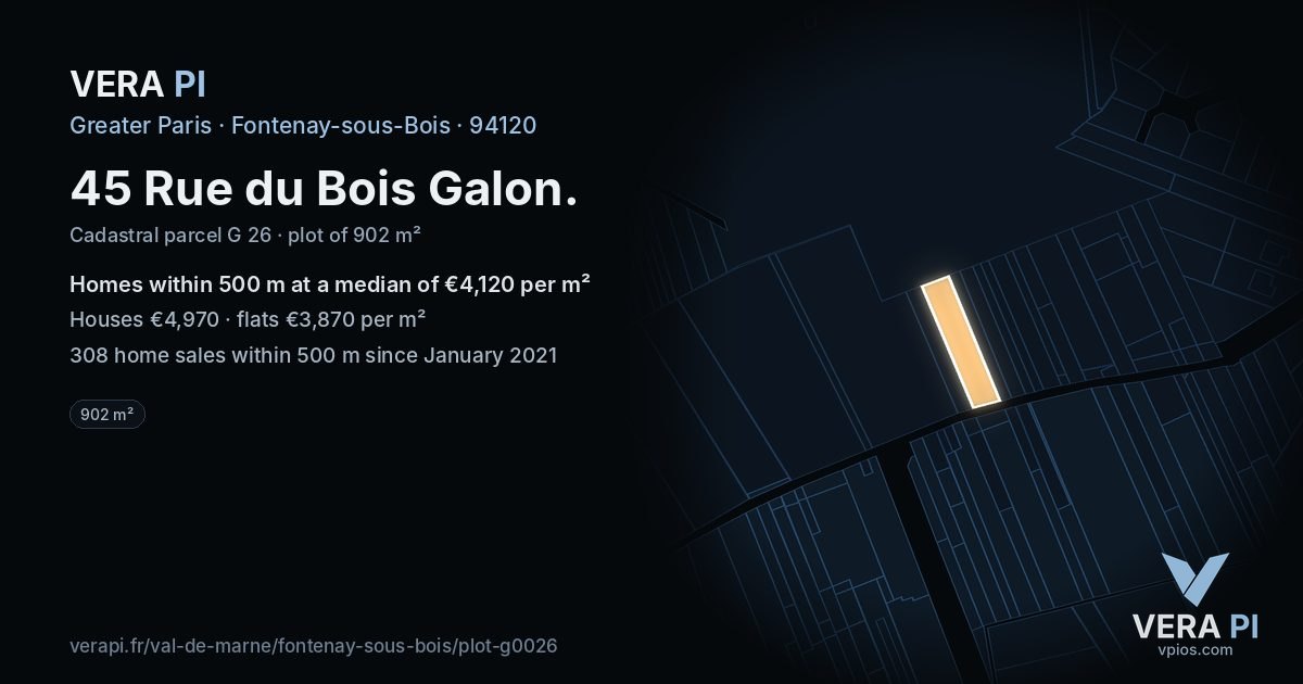 45 Rue du Bois Galon, Fontenay-sous-Bois at night – the plot lit, the parcels around coloured by the prices near them