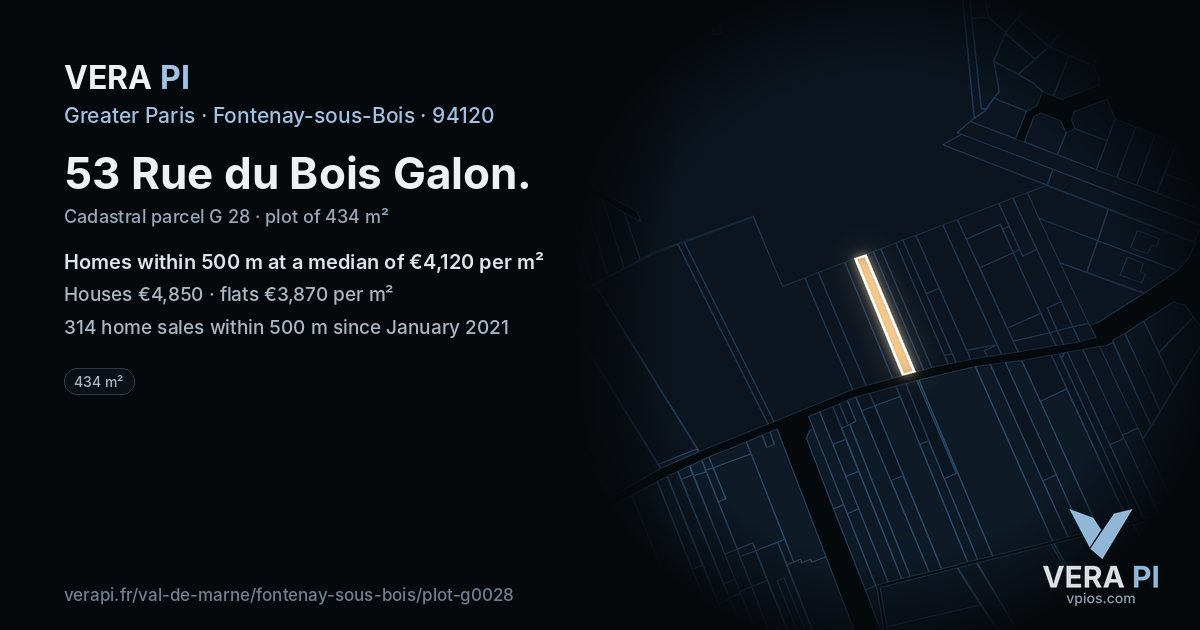53 Rue du Bois Galon, Fontenay-sous-Bois at night – the plot lit, the parcels around coloured by the prices near them