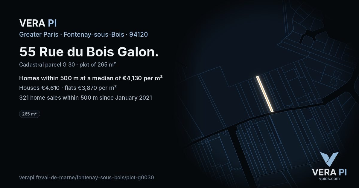 55 Rue du Bois Galon, Fontenay-sous-Bois at night – the plot lit, the parcels around coloured by the prices near them