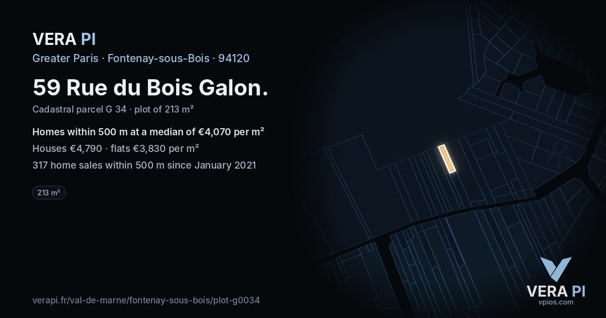 59 Rue du Bois Galon, Fontenay-sous-Bois at night – the plot lit, the parcels around coloured by the prices near them