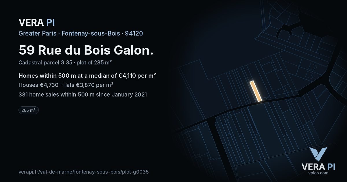 59 Rue du Bois Galon, Fontenay-sous-Bois at night – the plot lit, the parcels around coloured by the prices near them