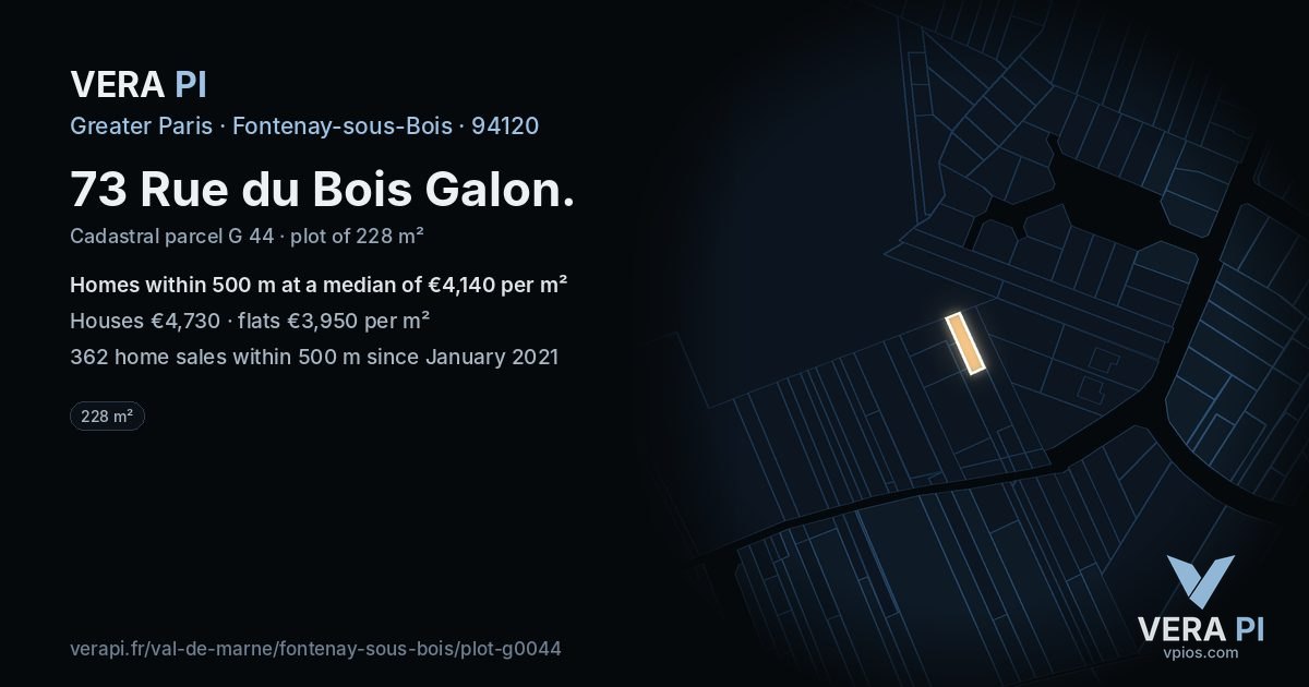 73 Rue du Bois Galon, Fontenay-sous-Bois at night – the plot lit, the parcels around coloured by the prices near them